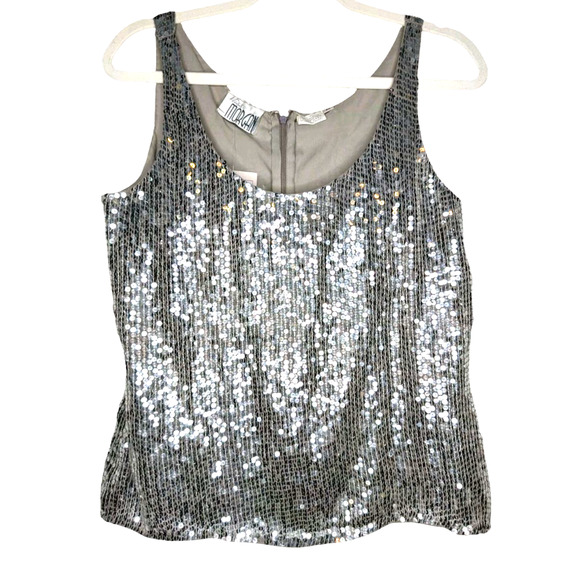 Vintage 80s 90s Silk Sheer Chiffon Silver Sequin Glam Bling Disco Cocktail Tank - Picture 1 of 10